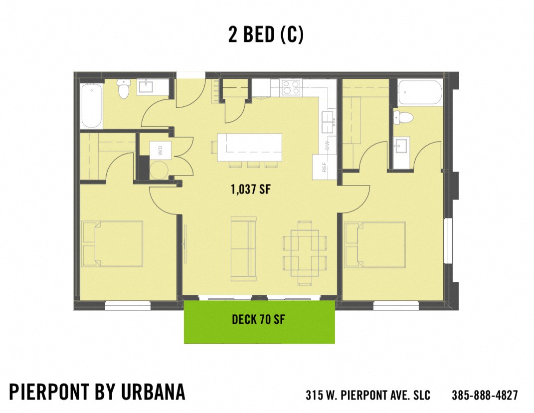 Floor plan for 2 beds, 2 baths, 1037 sqft